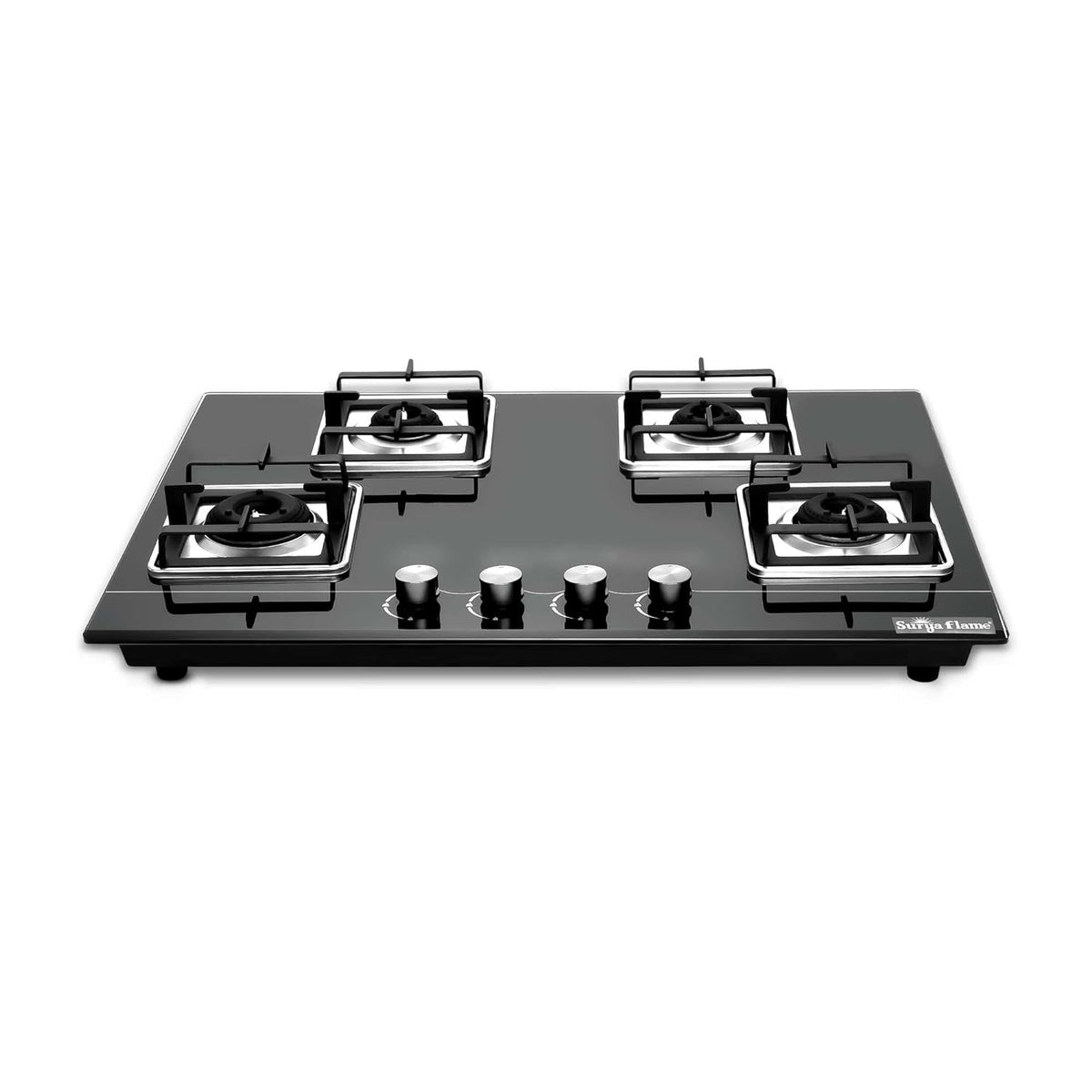 Surya Flame ADORE Hob Top 4 Burner Auto Ignition LPG Glass Top 8mm Thickness (Jumbo, Medium, Small) 360 Nozzle Doorstep Services 5 Year