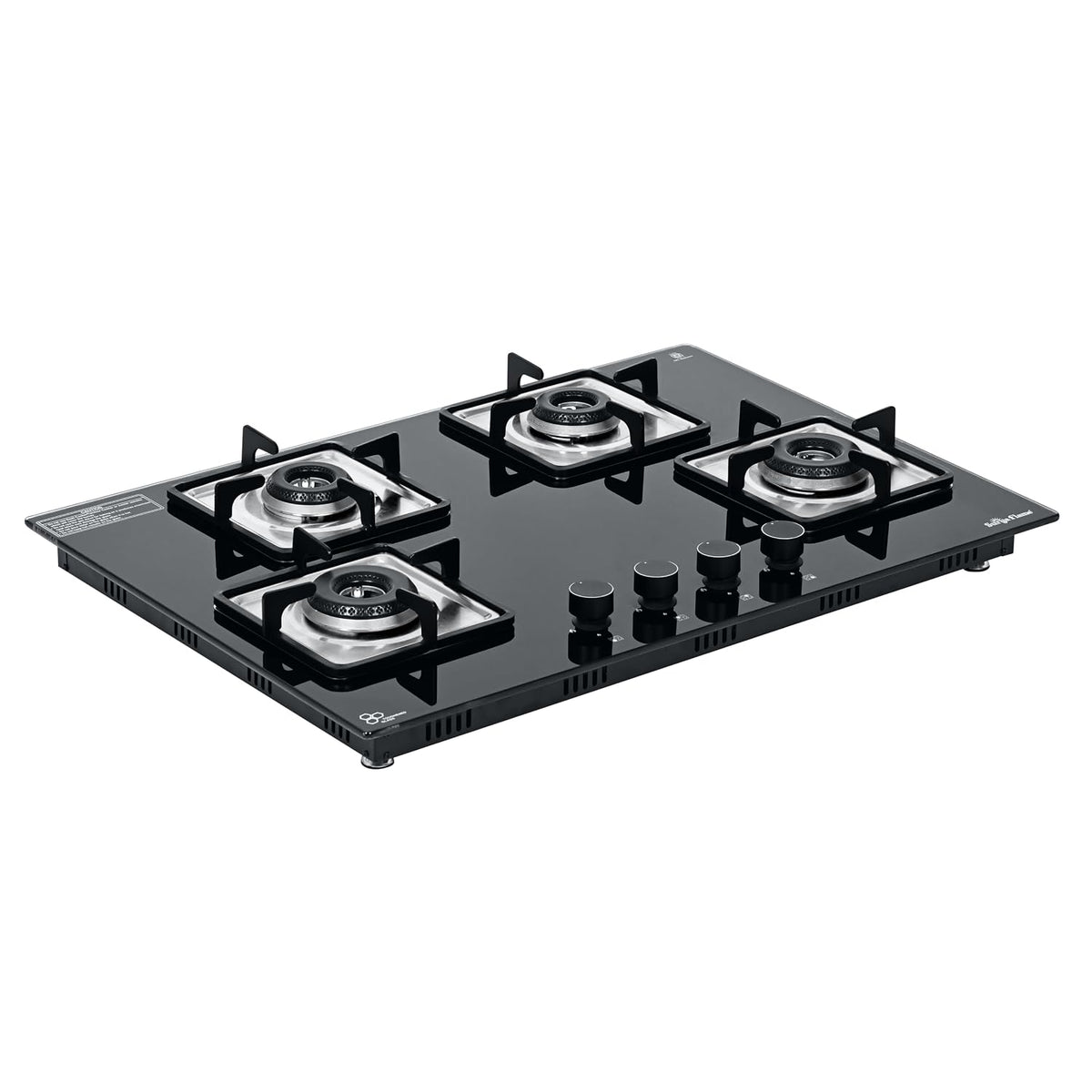 Surya Flame Galaxy 4 Burner Hob | Italian Sabaf Burners, Gas Valve, Mixing Tube & Auto Ignition | 8mm Glass | Metal Knobs & PVD Coated SS Drip Tray Flame Protection Pan Support | 5 Years Warranty